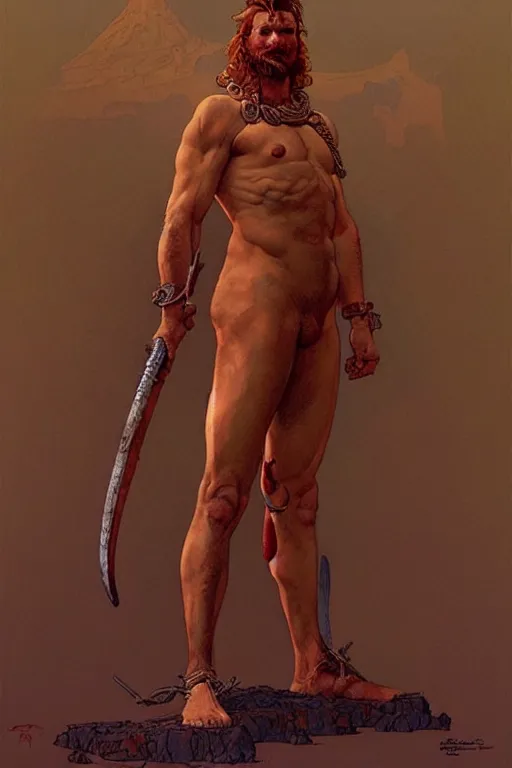 Image similar to warrior, male, character design, painting by jean giraud, greg rutkowski, carl larsson, tom of finland