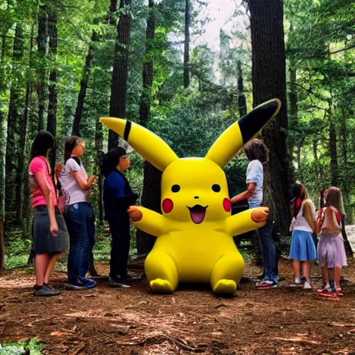 Image similar to photograph of a group of people worshipping a giant pikachu in a forest