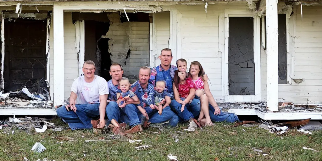 Image similar to photo of unusually small white redneck family sitting on front porch of dilapidated house,