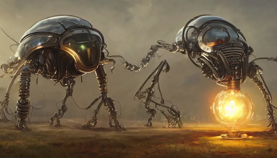 Prompt: a giant retrofuturistic hybrid beetle harvesting bulbs of energy, robot metallic armor, clean design, science fiction, vast field og energy bulbs, art by giger and greg rutkowski and hikari shimoda and edmund blair leighton and charlie bowater, trending on artstation, 8 k