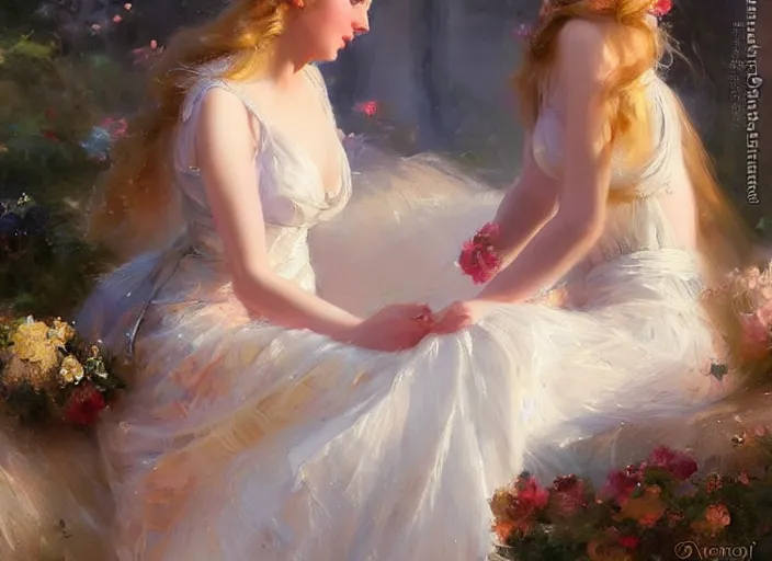 Prompt: blonde goddess in a summer dress by wlop and vladimir volegov and alexander averin and delphin enjolras and daniel f. gerhartz