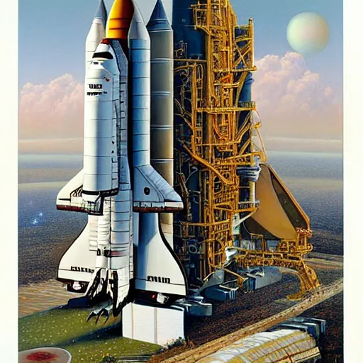 Image similar to ((((space shuttle launch))) painting by ((James Christensen))