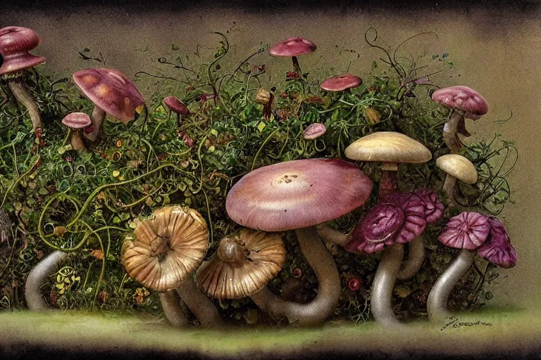 Prompt: retro airbrush detailed ( ( ( ( ( 1 9 5 0 s retro flower pot with vines, moss and mushrooms. tight shot. muted colors. childrens layout, ) ) ) ) ) by jean - baptiste monge,!!!!!!!!!!!!!!!!!!!!!!!!!!!!!
