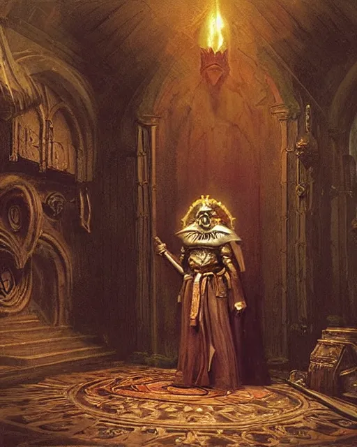 Image similar to A dark mage. He is wearing mage armor and a crown. He is frowning seriously. He is preparing to cast a dark spell. He is standing in a wizards room. Award winning realistic oil painting by Thomas Cole and Wayne Barlowe