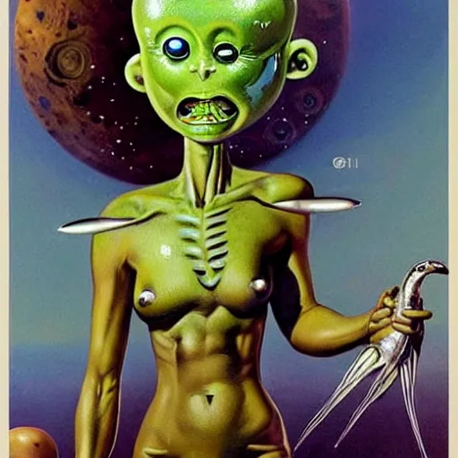 Prompt: beautiful alien extraterrestrial species female babe, in a tight fitting silver metallic bikini spacesuit, bare midriff, big silver head with eyestalk antennae, eyeballs on stalk antennae, green skinned, big black almond shaped alien eyes, volcanic background, by Mort Kunstler and Gil Elvgren