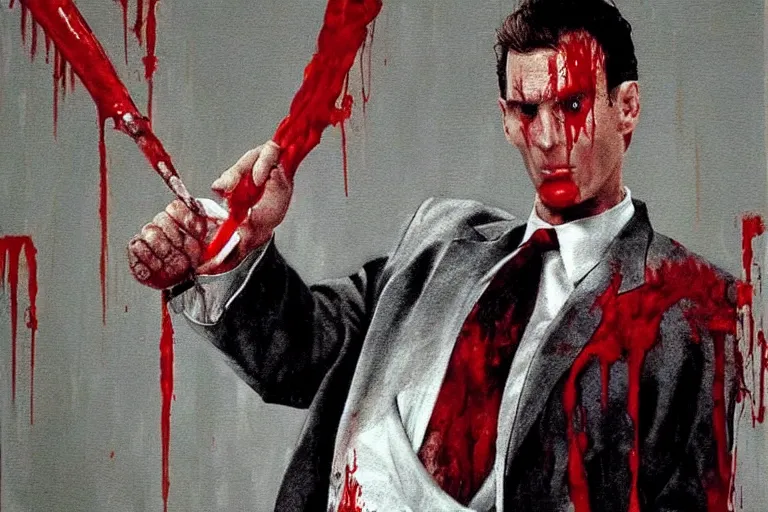 Image similar to Bald Patrick Bateman from American Psycho (2000) swinging an axe in with his hands while wearing a poncho with blood on it, hyperrealism painting, high quality