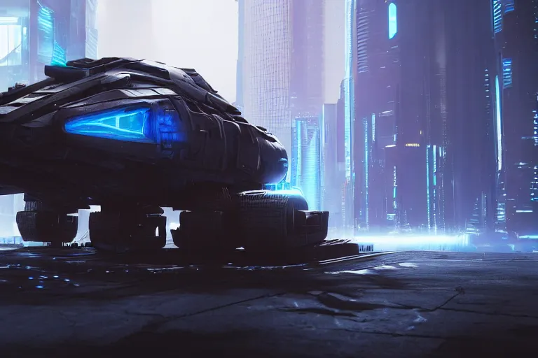 Image similar to cyberpunk alien concept inspired tank, futuristic look, highly detailed body, very powerful, photorealistic camera shot, bright studio setting, studio lighting, crisp quality and light reflections, unreal engine 5 quality render