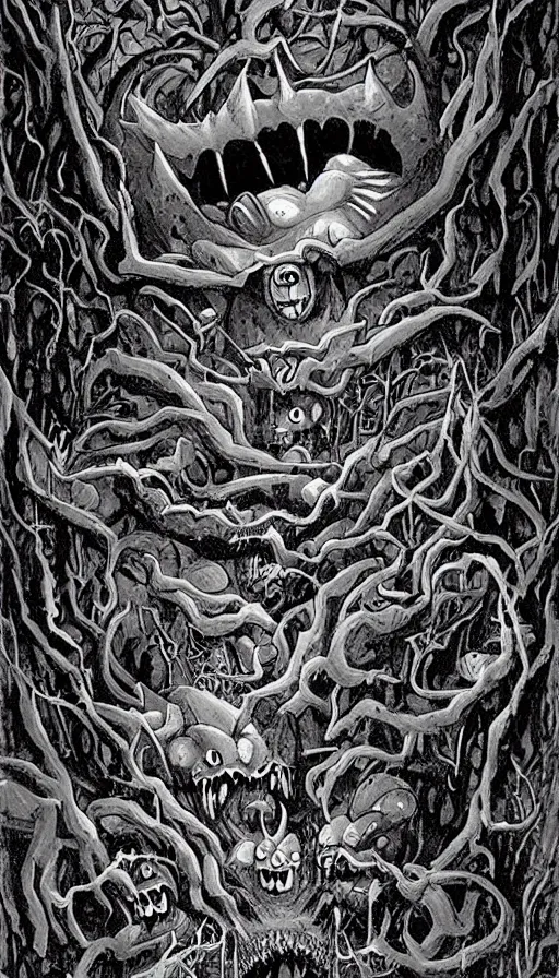 Image similar to a storm vortex made of many demonic eyes and teeth over a forest, by ed roth