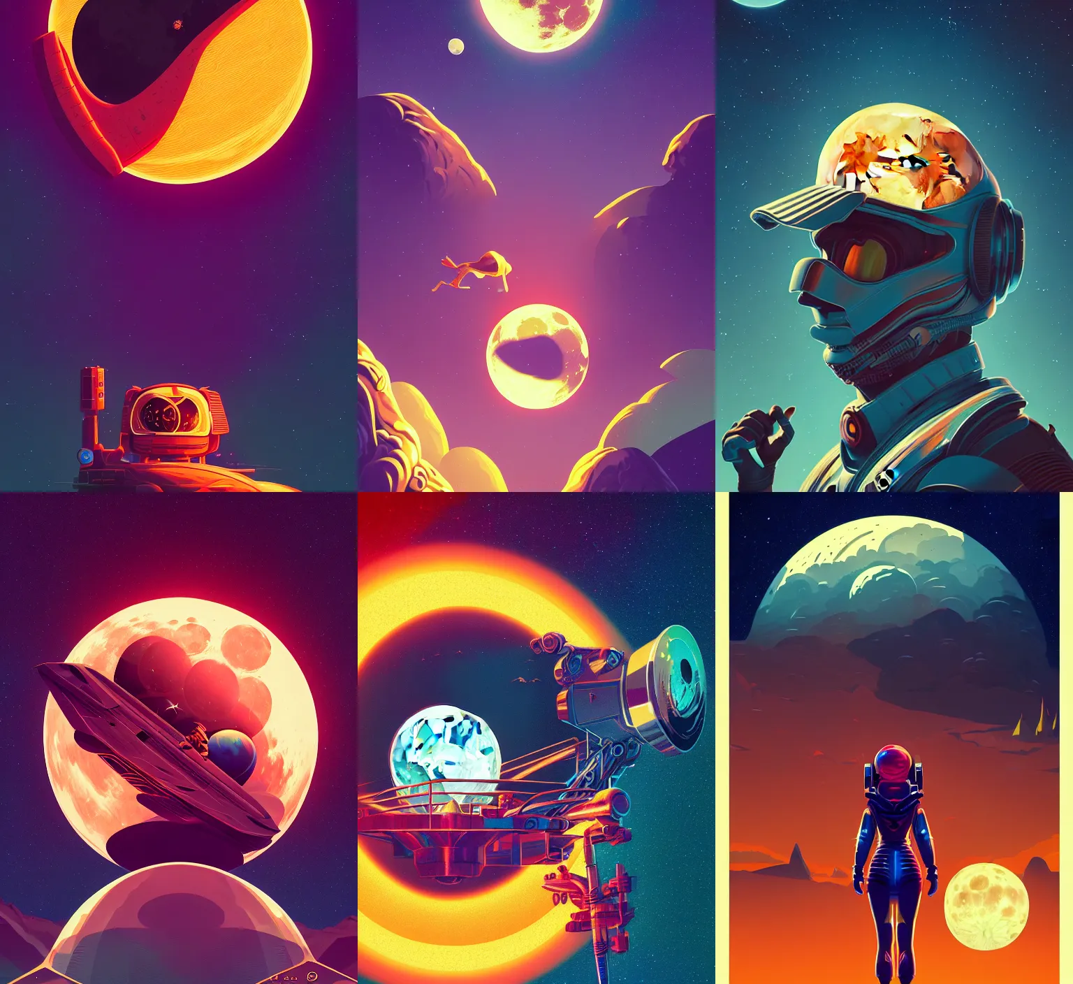 Prompt: retrofuturistic poster with graphics of the moon moon, close up, wlop, dan mumford, artgerm, liam brazier, peter mohrbacher, 8 k, raw, featured in artstation, octane render, cinematic, elegant, intricate, 8 k