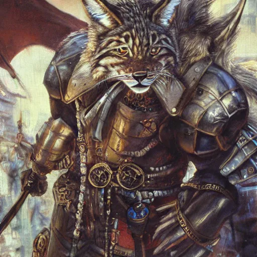 Prompt: 8k Yoshitaka Amano oil painting of upper body of a young cool looking lynx beast-man with white mane at a medieval market at windy day. Depth of field. He is wearing complex fantasy armors. Renaissance style lighting.