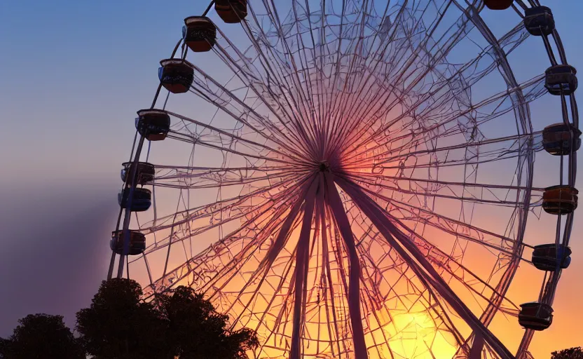 Prompt: one ferris wheel at sunrise, concept art, hyperrealistic, octane render, unreal engine 5, path traced, highly detailed, high quality, 8 k, dramatic lighting, cinematic, high coherence, symmetrical, high contrast, 1 9 8 0 s style, lens flare, godrays