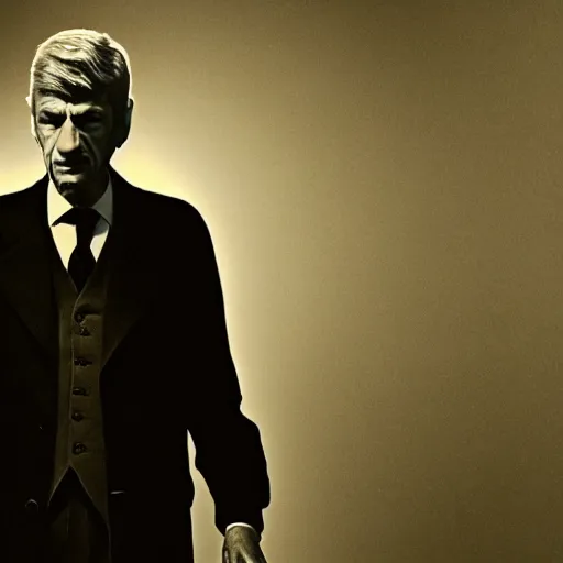 Prompt: arsene wenger as a 1 9 4 0 s gangster, noir, fog, serious, extreme detail, realistic, rain, atmospheric, cigarette in mouth, movie still, studio light 4 k