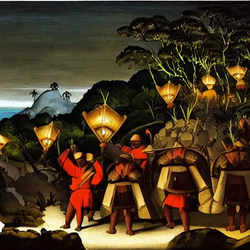 Prompt: A group of armoured Spanish conquistadors holding lanterns on a sandy beach Cove in middle of a magical forest in a dark night. Inca ruins in the background. Pale crescent moon in the sky. Painting by Michelangelo