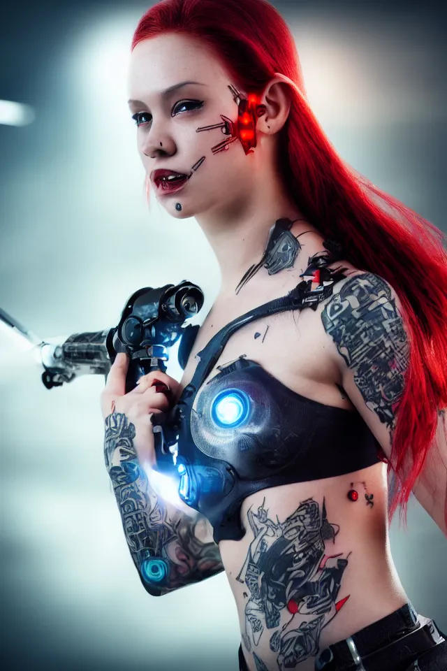 Prompt: Hot young woman with grey skin, red hair, tattoos, wearing cyborg components and holding advanced laser sword , hyperrealistic, photorealistic, HDR, volumetric lighting, bokeh