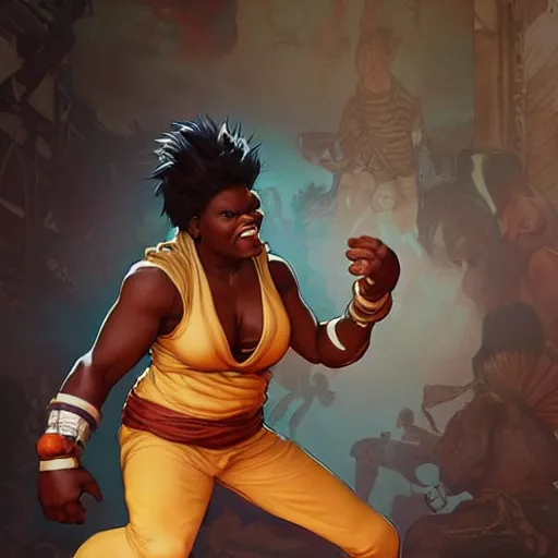 Prompt: leslie jones as dhalsim street fighter, 4 k, ultra realistic, detailed focused art by artgerm and greg rutkowski and alphonse mucha