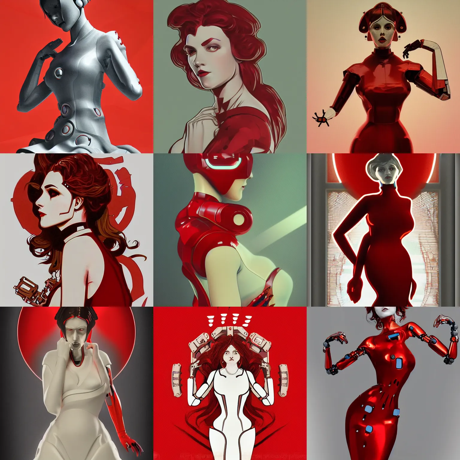 Prompt: evil robot woman in a red cutout dress with white trim, as seen on artgerm, octane render, in the style of alphonse mucha, ultra realistic, highly detailed, 8 k