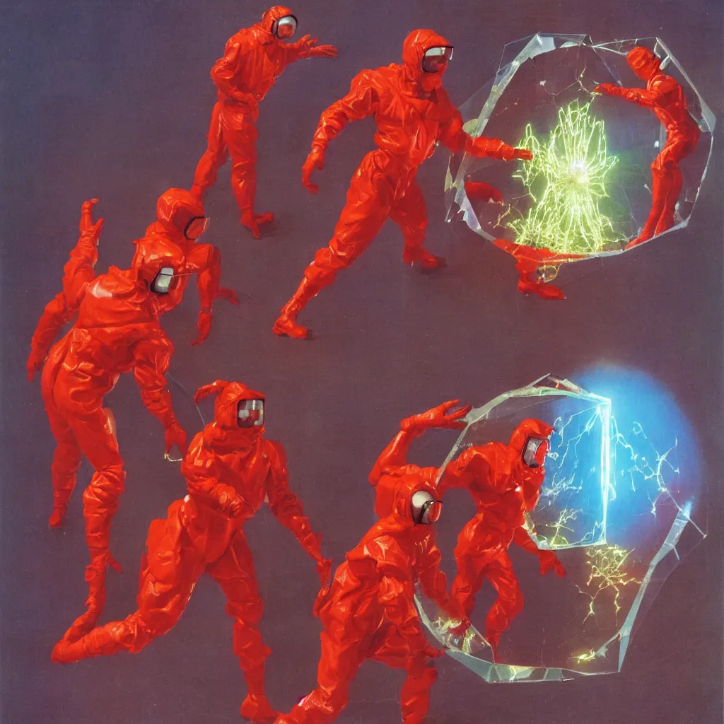 Prompt: two scientists wearing futuristic red hazmat suits entering geometric neon crystal portal by frank frazetta