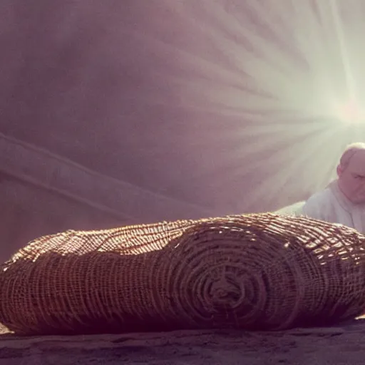 Image similar to a priest sleeping in a twisting wicker coffin, foggy, sun rays, cinematic shot, photo still from movie by denis villeneuve, wayne barlowe