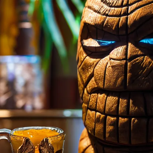 Image similar to a closeup photorealistic photograph of ben grimm's face on a tiki mug at trader vic's restaurant. fantastic four. tiki culture. bright scene. fine detail. this 4 k hd image is trending on artstation, featured on behance, well - rendered, extra crisp, features intricate detail, epic composition and the style of unreal engine.