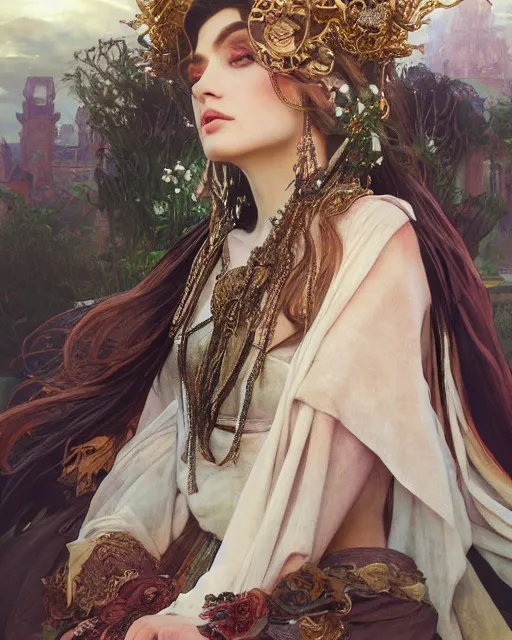 Image similar to a beautiful close up portrait of a sorceress sitting with elegant looks, flowing robe, ornate and flowing, intricate and soft by ruan jia, tom bagshaw, alphonse mucha, krenz cushart, beautiful roman architectural ruins in the background, epic sky, vray render, artstation, deviantart, pinterest, 5 0 0 px models