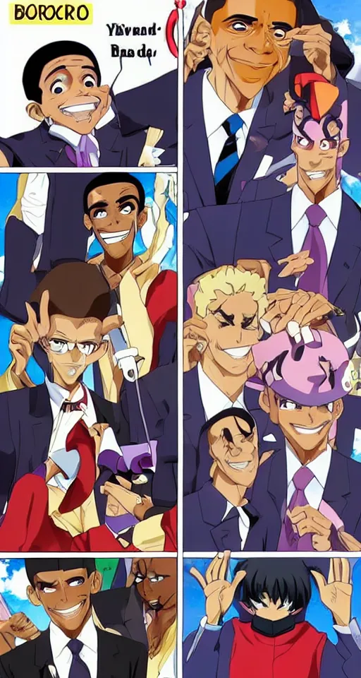 Image similar to barrack obama anime in the style of jojo's bizarre adventure david productions