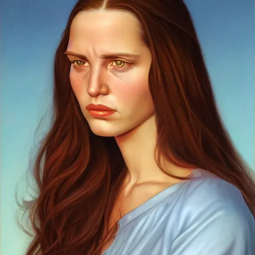 Prompt: a beautiful portrait of a tired young woman with long brown hair, by greg hildebrandt