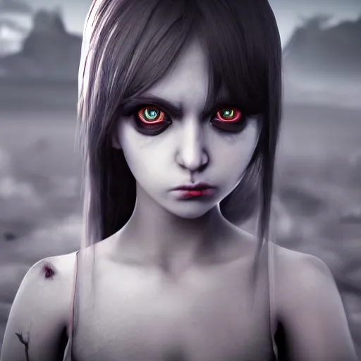 Image similar to photorealistic full shot portrait of angry darkness anime girl, inspired by tim burton, detailed, unreal engine 4 k, volumetric light, fog