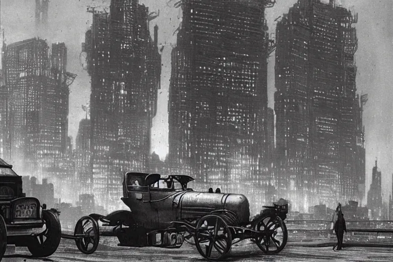 Image similar to cyberpunk 1 9 0 8 model ford t by paul lehr, beksinski, metropolis, parked by view over city, vintage film photo, robotic, black and white photo