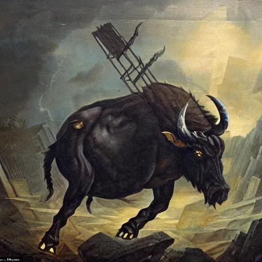 Prompt: A detailed dark painting of a dark raging minotaur looking aggressive and confused, he is surrounded by a ruin, he is floundering, there is a ladder in the background it is going upwards, muffled colours