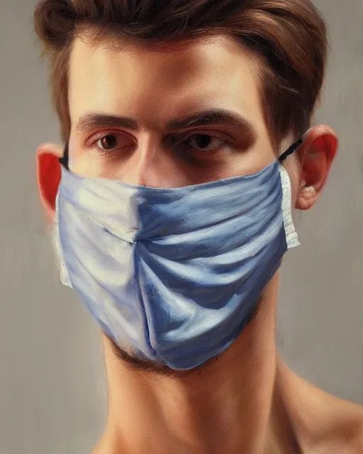 Image similar to masterpiece oil paint of a european young man covering face with fabric mask, ultrarealistic, trending on artstation, extremely detailed
