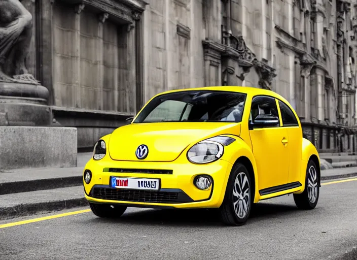 Prompt: a professional photograph of a yellow beetle Volkswagen car, car magazine XF IQ4, f/1.4, ISO 200, 1/160s, 8K, RAW, unedited, symmetrical balance, in-frame