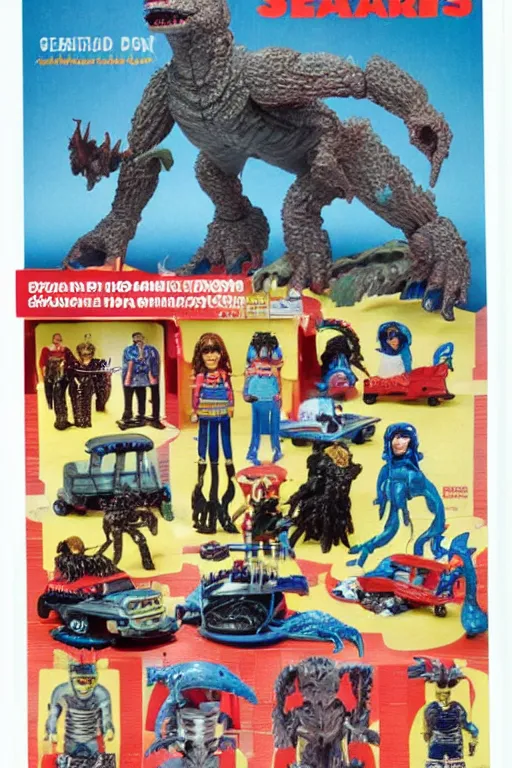 Image similar to sears wishbook page, kaiju action figures, playsets, 1980s