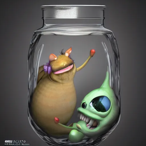 Image similar to cutie creature in a jar, digital art, 3 d, maya render, masterpiece, mega detailed, cgsociety