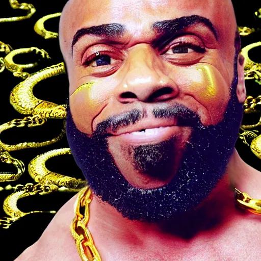 Image similar to a photograph of joe rogan as mr. t wearing many gold chains with a psychedelic dmt background