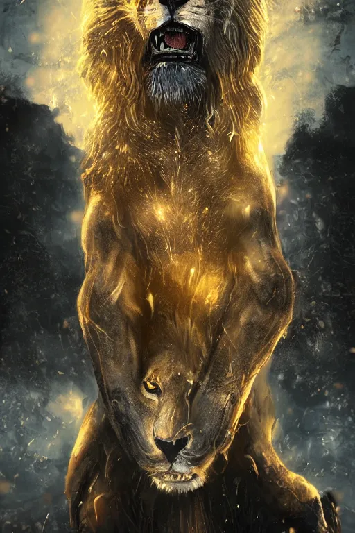 Image similar to Furious lion roars against golden sparks, black smoke, Anime, cyberpunk, gothic, dark fantasy, art, 4k,