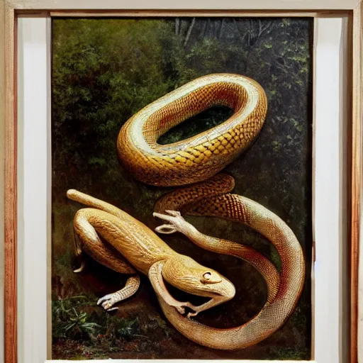 Image similar to A beautiful mixed media art of a snake eating its own tail that seems to go on forever. orpist by Albert Bierstadt, by Cornelia Parker lively