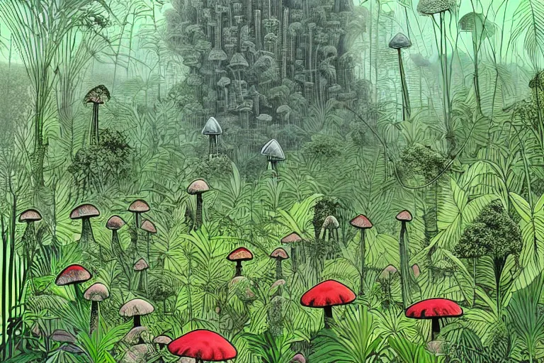 Prompt: surreal thin line art by ricardo bofill!!, a lot of jungle flowers and plants + poison toxic mushrooms surrounded by cables + long grass + garden dwarf + big stone + mystic fog, 5 0's vintage sci - fi style, rule of third!!!!, line art, 8 k, super detailed, high quality, top view