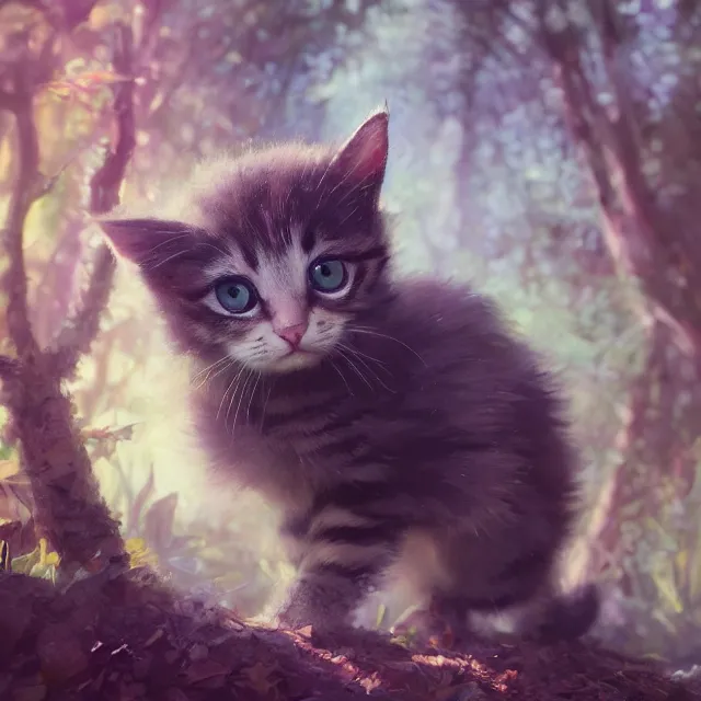 Image similar to a painting of a cute kitten in a forest. big eyes. disney character design by cory loftis, fenghua zhong, ryohei hase, ismail inceoglu and ruan jia. volumetric light, detailed, rendered in octane