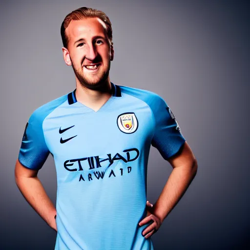 Prompt: a photograph of Harry Kane wearing a Manchester City jersey, black background, studio lighting