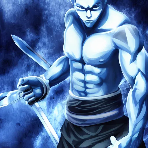 Image similar to four handed muscular man, blue skin, swords in hands, anime HD, anime,