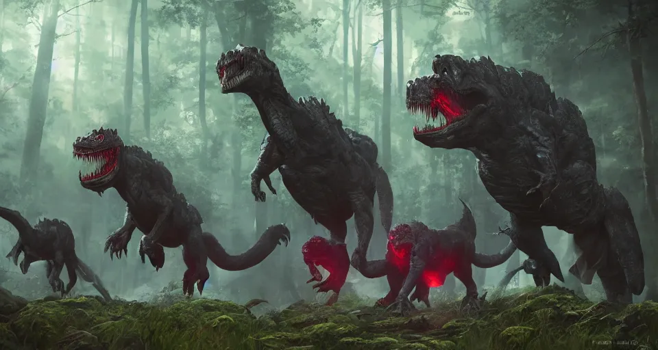 group of dark magic trex, red glowing eyes, hunting in | Stable ...