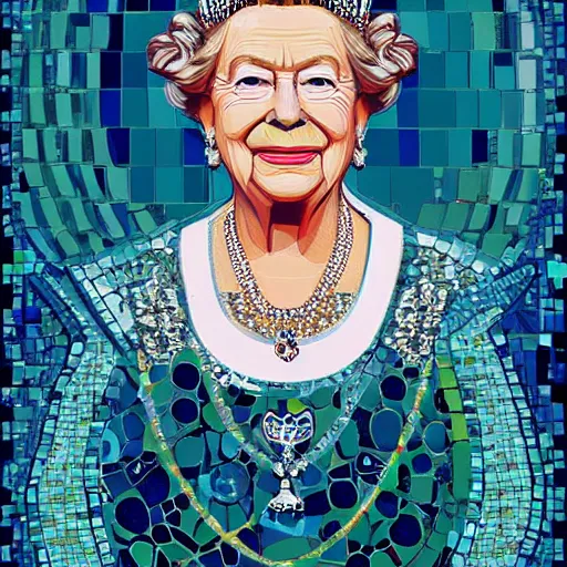 Image similar to mosaic portrait of a beautiful queen elizabeth with robot ears by Saimir Strati, 4k, intricate details, digital, water