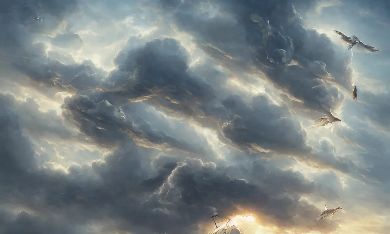 Prompt: a beautiful digital painting of a white ship merged in the clouds, birds flying in the sunlight, intircated tumultuous clouds, blue sky at sunset, elegant, highly detailed, artstation, concept art, matte, sharp focus, art by tom bagshaw, kelogsloops and greg rutkowski