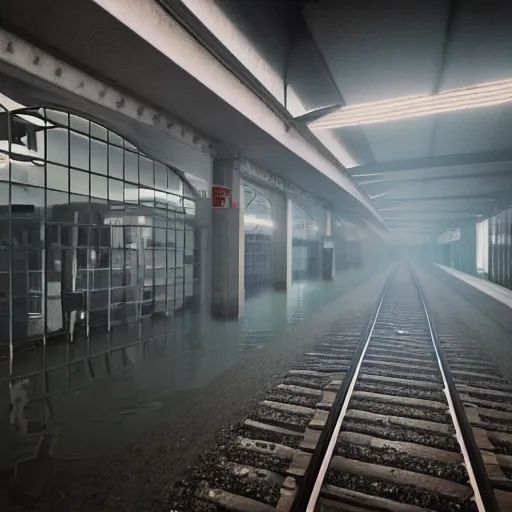 Image similar to photo of a train station, the floor is flooded with one meter deep water. eerie, volumetric lighting. highly - detailed 4 k