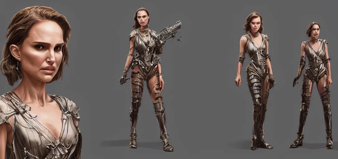 Prompt: character sheet concept art of natalie portman as a villain, realistic, hyperrealistic, photographic, costume, wlop, dan mumford, greg rutkowski, high detail, octane render, alexander mcqueen, james gurney, photo, 8 k, intricate