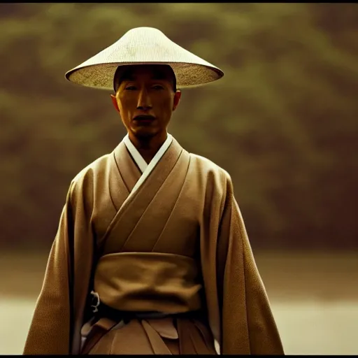 Image similar to cinematic film still Pharrell Williams starring as a Samurai holding fire, Japanese CGI, VFX, 2003, 40mm lens, shallow depth of field,film photography