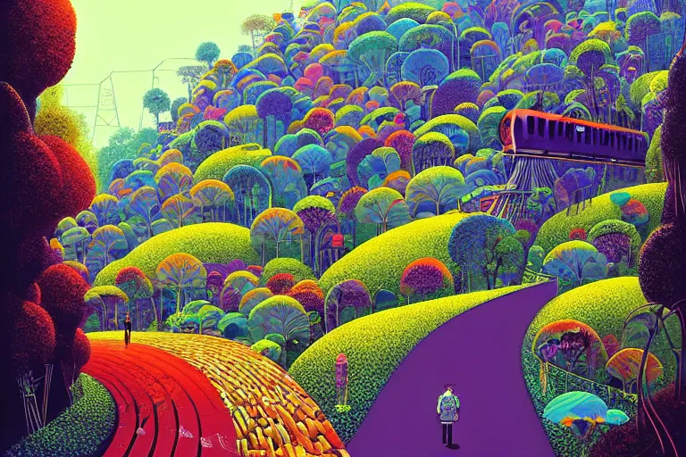 Image similar to surreal glimpse into other universe, ride train to penang hill, summer morning, very coherent and colorful high contrast, art by!!!! gediminas pranckevicius!!!!, geof darrow, floralpunk screen printing woodblock, dark shadows, hard lighting, stipple brush technique,