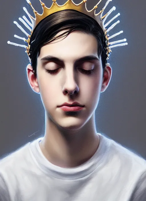 Image similar to portrait of teenage jughead jones wearing a light grey crown, photorealistic, crown, eyes closed, crown, black hair, intricate, elegant, glowing lights, highly detailed, digital painting, artstation, concept art, smooth, sharp focus, illustration, art by wlop, mars ravelo and greg rutkowski