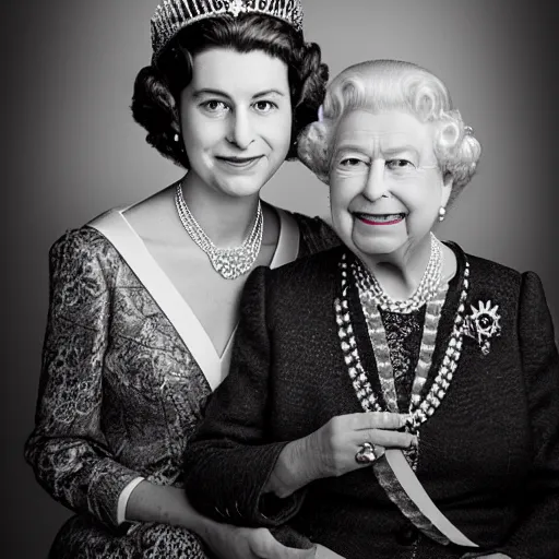 Image similar to A portrait photo of queen elizabeth teams up with a teenage queen elizabeth, perfect faces, 50 mm, award winning photography