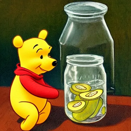 Image similar to winnie the pooh, opening a jar of pickles, realistic art style